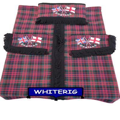 Red and green tartan truck curtains with bold black fringe trim and embroidered Union Jack and England flags. A striking and patriotic upgrade for your truck cab. Whiterig Truck Curtains